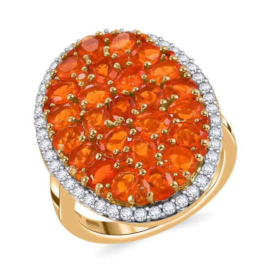 fire opal and white zircon cluster halo ring in 18k yellow gold over sterling silver
