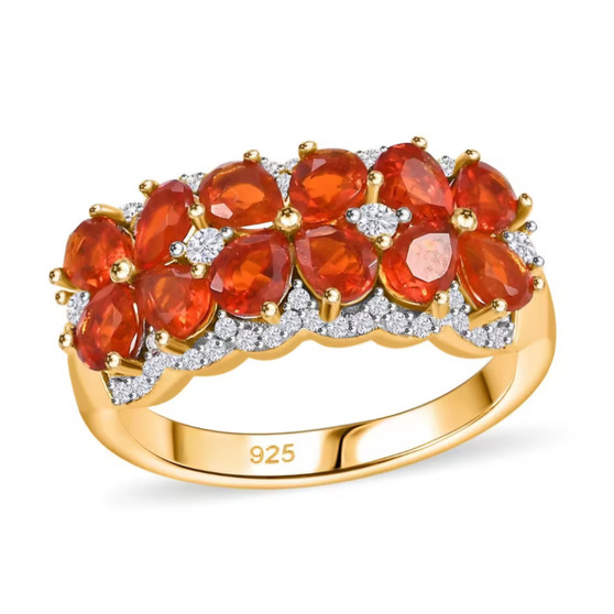 fire opal and moissanite cluster ring in 18k yellow gold over sterling silver
