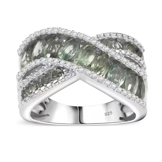green sapphire and white zircon crossover band ring in rhodium over sterling silver