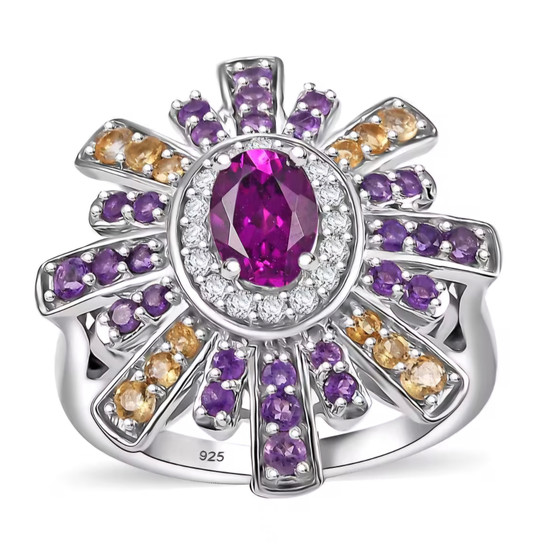 purple garnet amethyst and citrine ring in rhodium over sterling silver