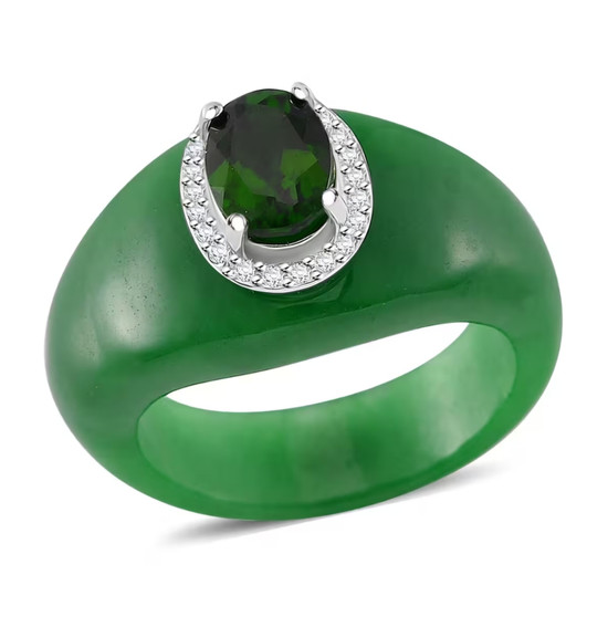 chrome diopside and white zircon carved green jade rhodium over sterling silver ring front