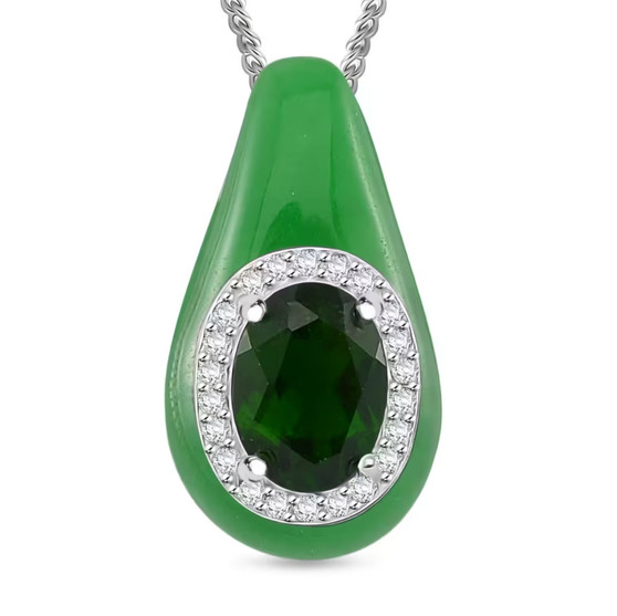 chrome diopside and white zircon halo rhodium over sterling silver carved green jade pendant necklace
