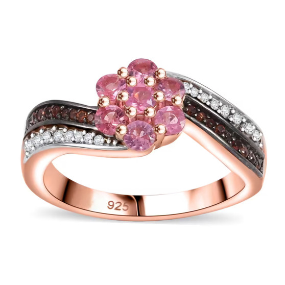 mahenge pink spinel brown and white zircon cluster ring in 18k rose gold and black and white rhodium over sterling silver