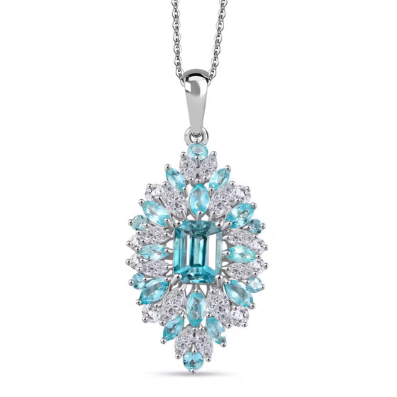 blue zircon blue apatite and white zircon cluster pendant necklace in rhodium over sterling silver