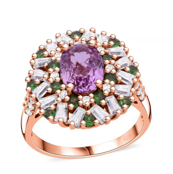 kunzite tsavorite garnet and moissanite ring in 18k rose gold over sterling silver