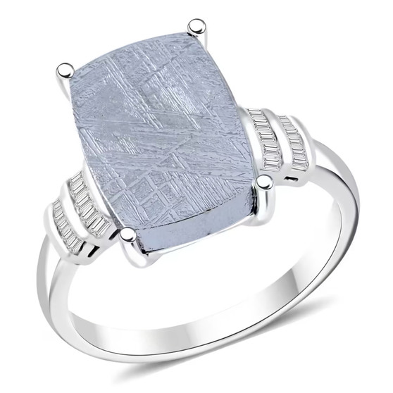 meteorite and diamond rhodium over sterling silver ring
