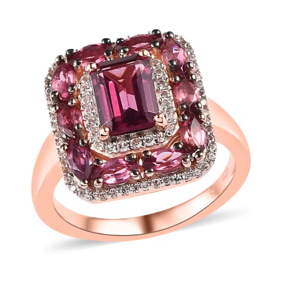 rhodolite garnet and white zircon halo cluster ring in 18k rose gold over sterling silver