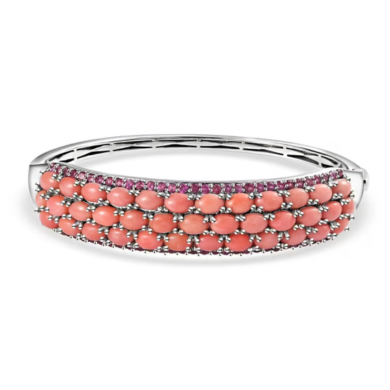 peach opal and rhodolite cluster bangle bracelet in rhodium over sterling silver