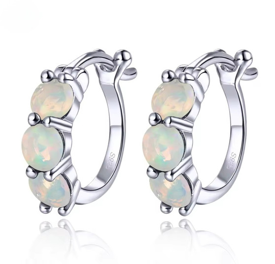 ethiopian opal huggie hoop earrings in rhodium over sterling silver