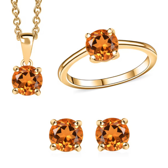 6mm round citrine jewelry set in 18k yellow gold over sterling silver