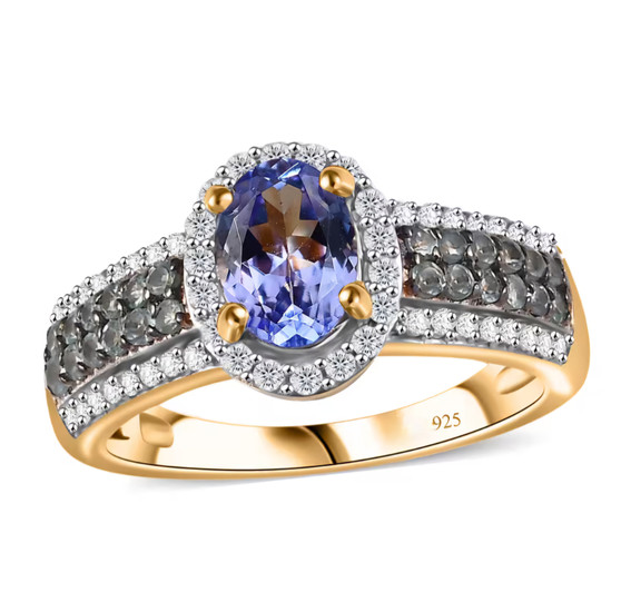 tanzanite alexandrite and white zircon ring in 18k yellow gold over sterling silver