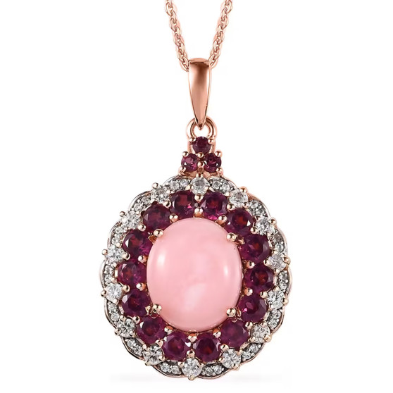 pink opal rhodolite garnet and zircon halo pendant necklace in 18k rose gold over sterling silver