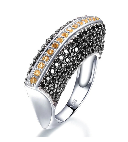 citrine and black spinel ring in rhodium over sterling silver