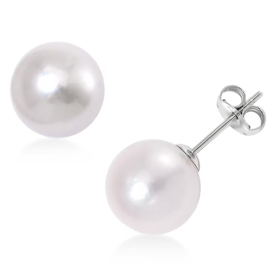 9-11mm round white edison pearl stud earrings in rhodium over sterling silver