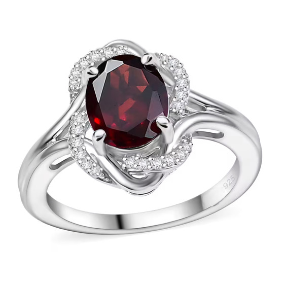 garnet and white zircon split shank ring in rhodium over sterling silver