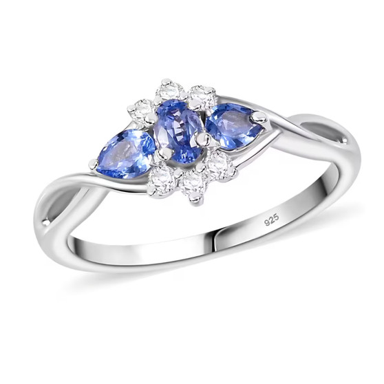 ceylon blue sapphire and white zircon three stone ring in rhodium over sterling silver