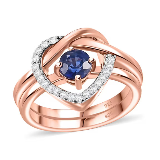 blue kyanite and moissanite heart love knot two ring set in 18k rose gold over sterling silver
