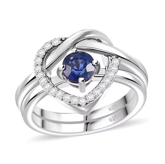 blue kyanite and moissanite heart love knot two ring set in rhodium over sterling silver