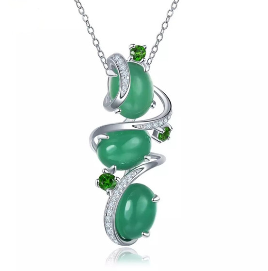 front view of green agate or prehnite with diopside and zircon pendant necklace in rhodium over sterling silver