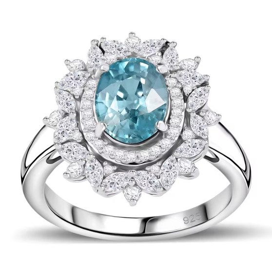 oval blue zircon and white zircon double halo ring in rhodium over sterling silver