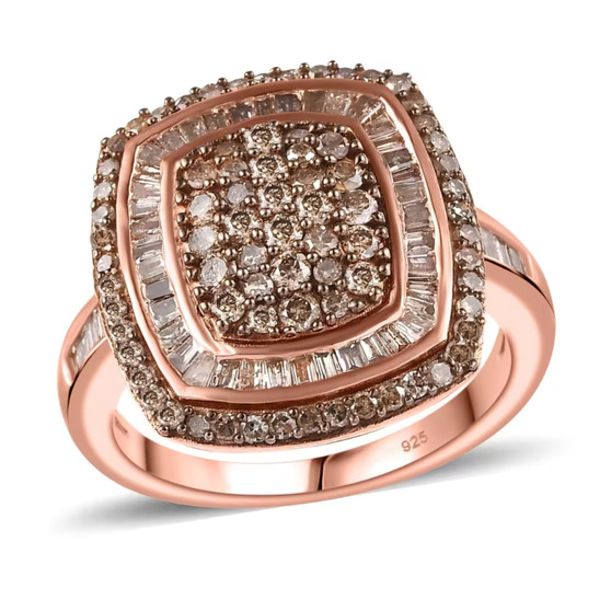 champagne diamond double halo cluster ring in 18k rose gold over sterling silver