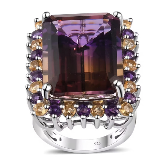 front view of ametrine citrine and amethyst halo ring in rhodium over sterling silver