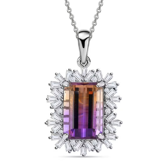 ametrine and white zircon halo pendant necklace in rhodium over sterling silver front