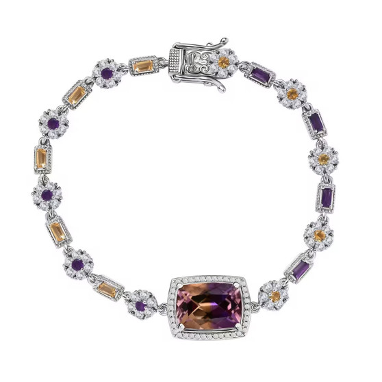 front view of ametrine amethyst citrine and zircon bracelet in rhodium over sterling silver
