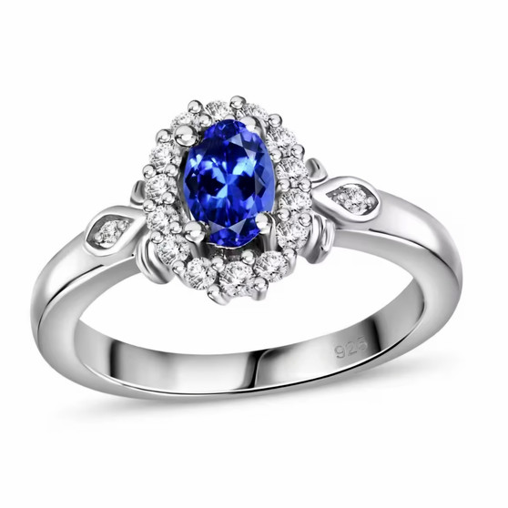 tanzanite and white zircon halo ring in rhodium over sterling silver