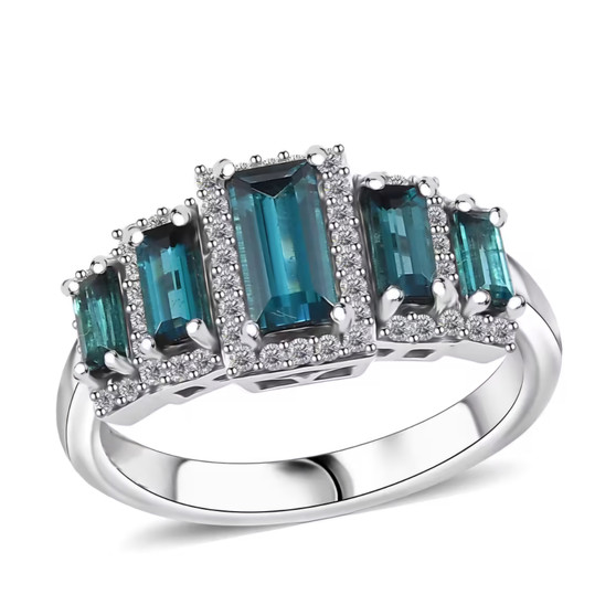 indicolite tourmaline and diamond five stone halo ring in 14k white gold