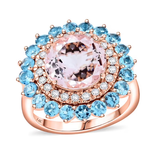 morganite diamond and aquamarine double halo ring in 14k rose gold