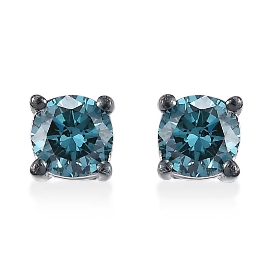 round lab grown blue diamond stud earrings in rhodium over sterling silver
