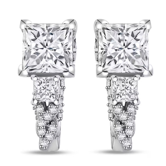 princess cut moissanite and orange sapphire earrings in rhodium over sterling silver