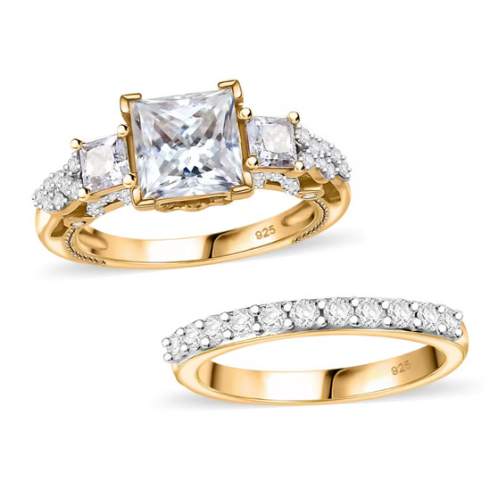 princess cut moissanite and orange sapphire two ring bridal set in 18k yellow gold over sterling silver