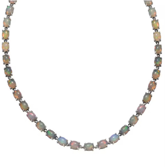 front view of ethiopian opal oval tennis necklace in rhodium over sterling silver