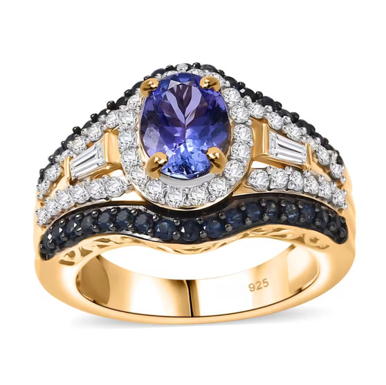 tanzanite blue sapphire and zircon ring in 18k yellow gold over sterling silver