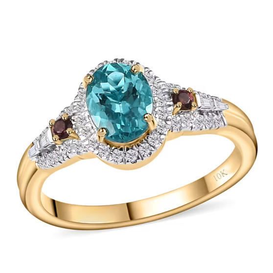 front view of blue apatite rubellite tourmaline and diamond halo ring in 10k yellow gold