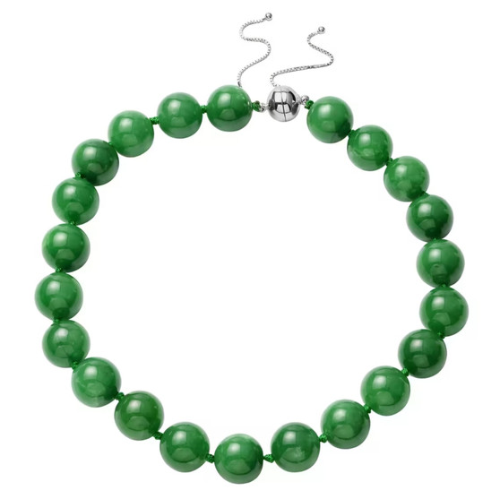 clasp detail of burmese green jade round beaded necklace in rhodium over sterling silver 18-20" adj magnetic clasp