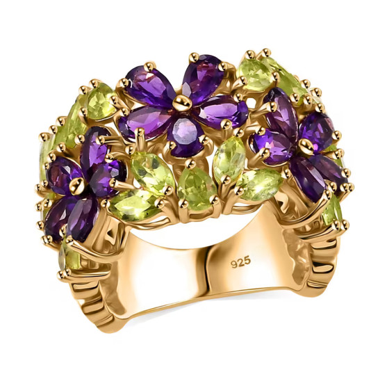 amethyst and peridot flower cluster ring in rhodium over sterling silver