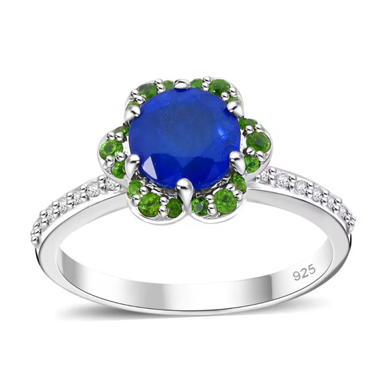blue spinel chrome diopside and white zircon halo ring in rhodium over sterling silver