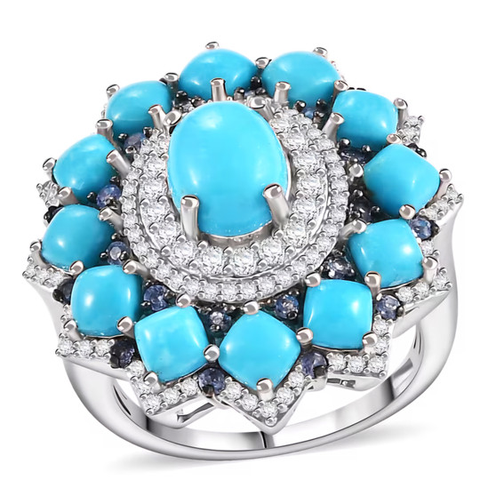 turquoise tanzanite and moissanite halo ring in rhodium over sterling silver