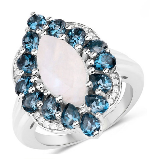 moonstone london blue and white topaz marquise halo ring in rhodium over sterling silver