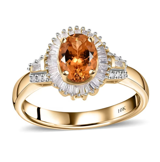 orange tourmaline and diamond halo ring in solid 10k yellow gold