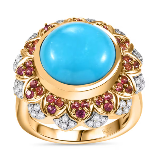 turquoise pink tourmaline and moissanite halo ring in 18k yellow gold over sterling silver