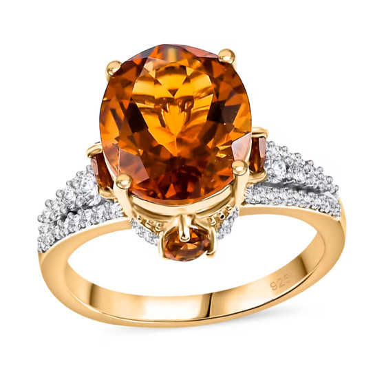 front view of madeira citrine and white zircon ring in 18k yellow gold over sterling silver