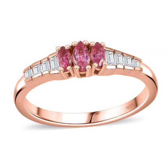mahenge pink spinel and white zircon marquise trilogy ring in 18k rose gold over sterling silver