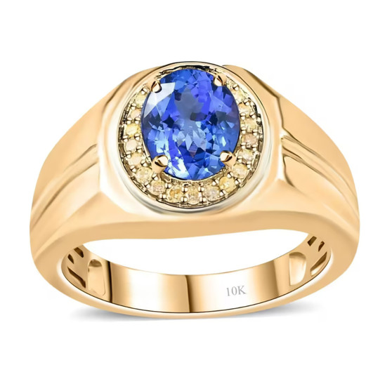 tanzanite and yellow diamond gents halo ring in solid 10k yellow gold