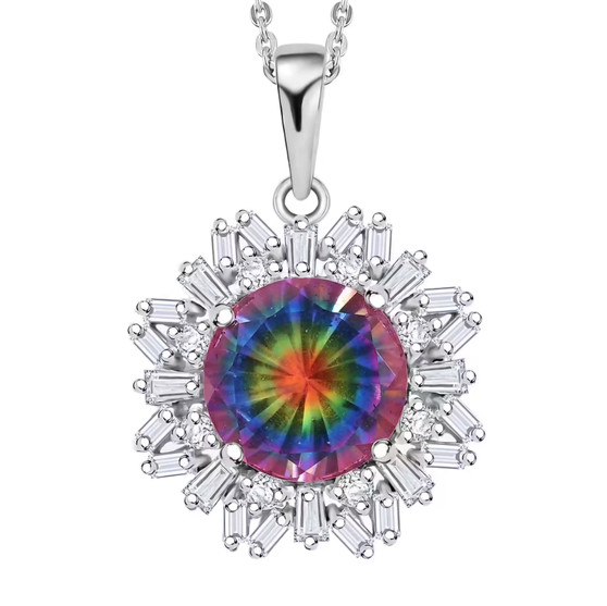 quartz doublet and moissanite halo pendant necklace in rhodium over sterling silver