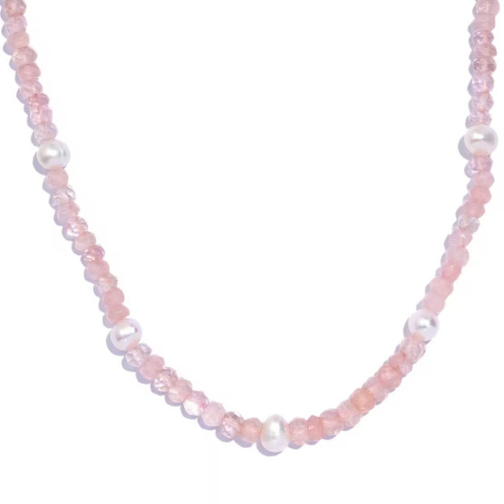 rose quartz rondelle beads and freshwater pearl necklace with rhodium over sterling silver clasp