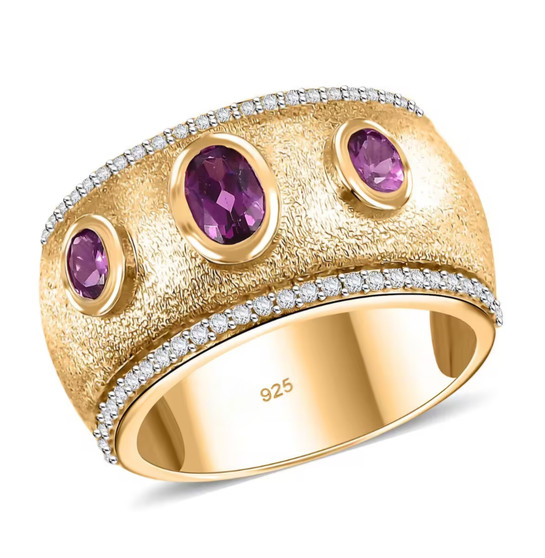 purple garnet trilogy textured band ring with white zircon accents in 18k yellow gold over sterling silver